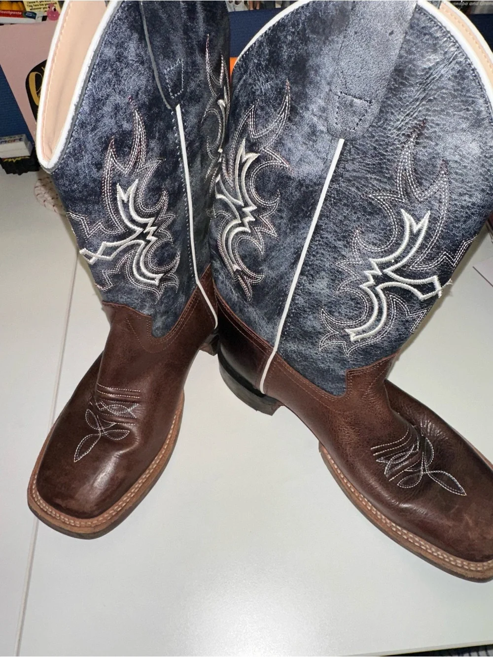 Old West Brown Leather Foot with Black Embroidered Shaft Kids Western Boots